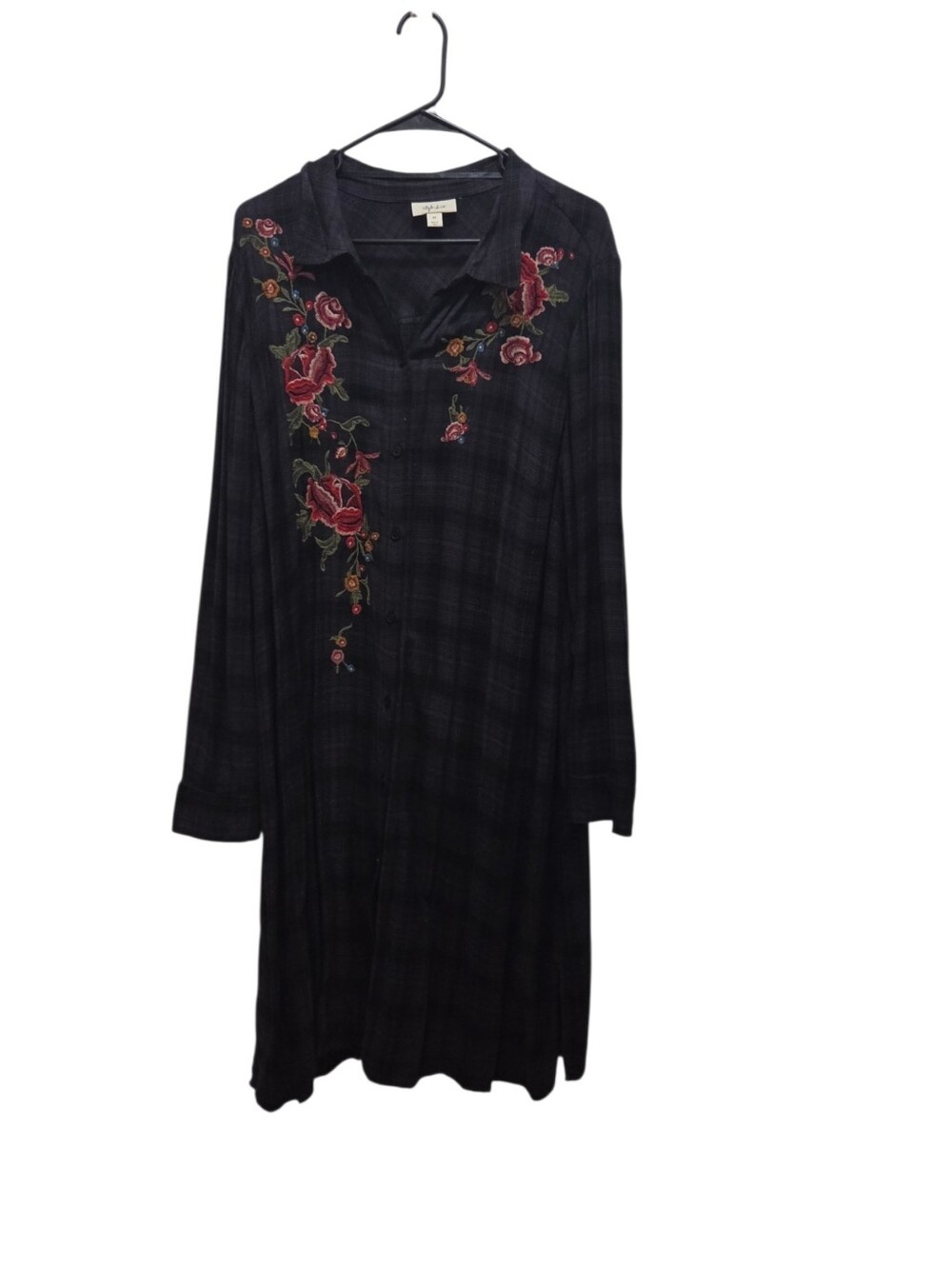 Style & Co Floral Embroidered Black Plaid Shirt Dress 2X Dark Academia Boho Midi